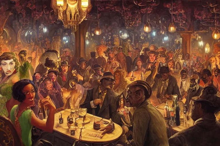 Image similar to beautiful detailed Harlem Renaissance painting of a 20s fantasy goblin party in ekanite bar that looks like it's from lord of the rings and bazaar by greg rutkowski, marc simonetti,Chris Achilleos,Charles Samuel Addams ,featured on artstation, ultrawide angle,f16