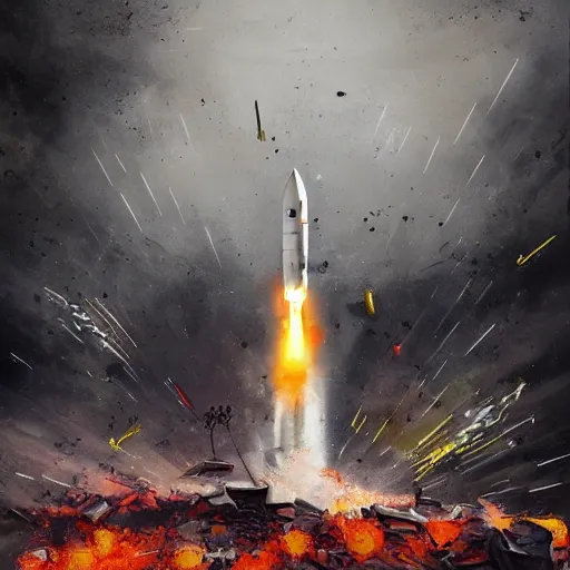 Image similar to a rocket crashed in the city. destruction. fear. sadness. deaths. apocalyptic. digital art. painting. high quality. high definition.