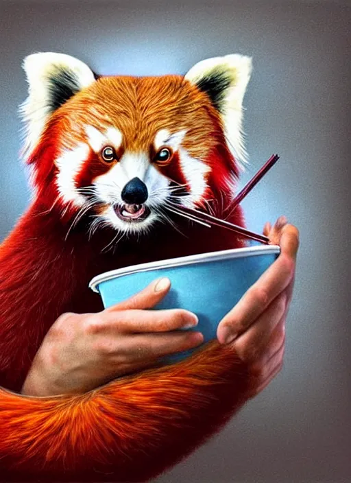 Image similar to red panda, paper cup, fantasy, surreal, highly detailed, digital painting, artstation, concept art, illustration, art by patrick james woodroffe!!!