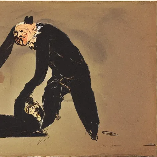 Prompt: hideous by vito acconci, by edouard manet ochre. illustration. a man with a large head & a small body is floating in the air, his arms & legs flailing. his clothes are tattered & he has a wild look in his eyes.