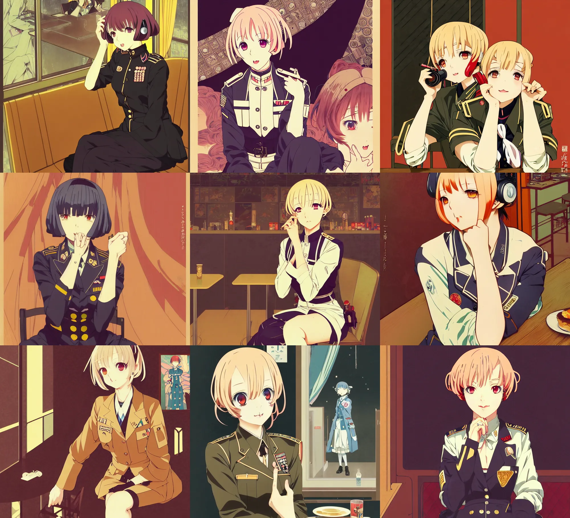 Prompt: anime visual, portrait of women like reol from a distance wearing a retro military uniform sitting in a retro cafe, at night, cute face by yoh yoshinari, alphonse mucha, dynamic perspective pose, rounded eyes, moody, psycho pass, kyoani, gustav klimt, cel shade, ilya kuvshinov