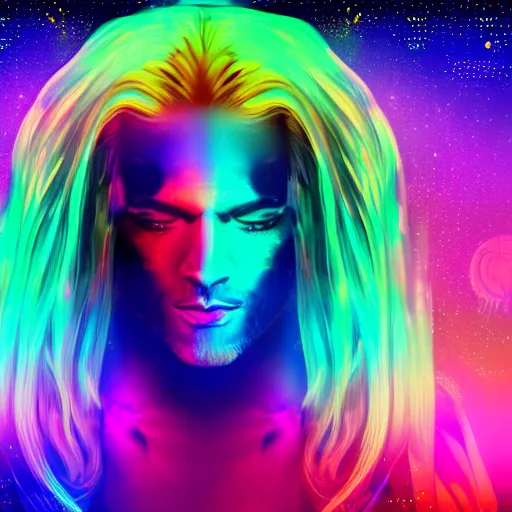 Prompt: The God of Music, transparent body, long glowing colourful hair, space background, digital art, detailed, intricate -n 6