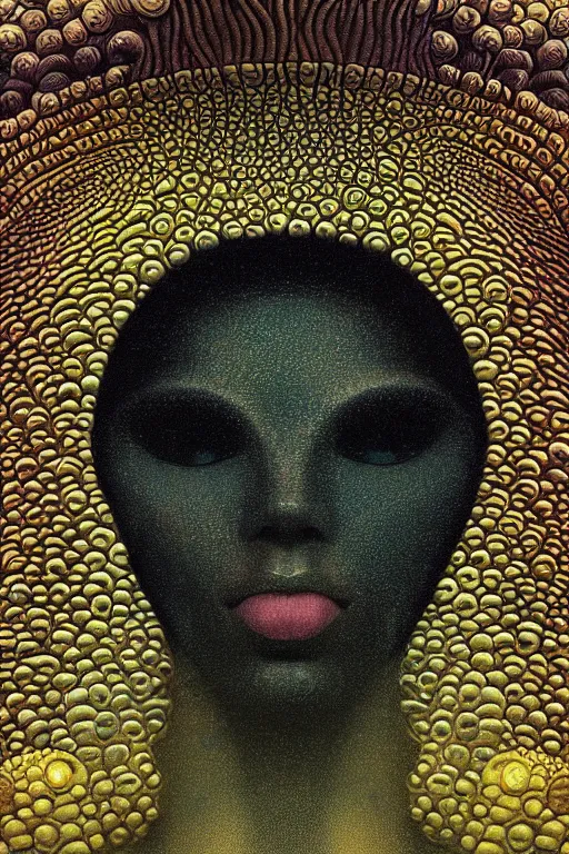 Image similar to art deco close up portait of mushroom head with big mouth surrounded by spheres, rain like a dream digital render curvalinear clothing dramatic fluid lines otherworldly vaporwave interesting details epic composition by artgerm moebius francis bacon gustav klimt