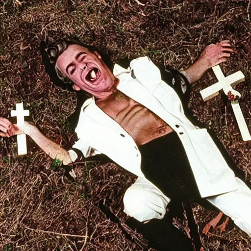 Image similar to Jordan Peterson laying in an open grave with a cross made of broken wood. He’s laughing. Photograph from horror movie 1980s.