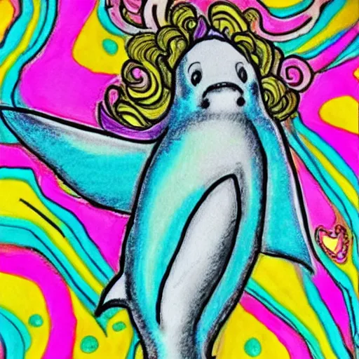 Prompt: ru paul with a dolphin body, sharpie, pastel color, fine tip, psychedelic, detailed,