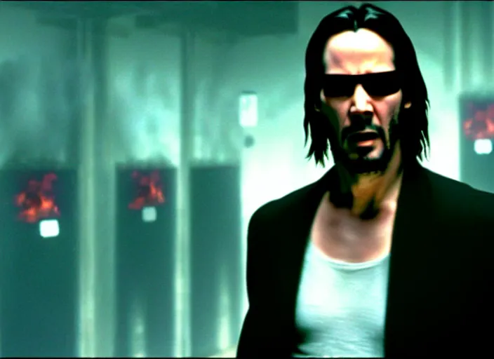 Prompt: Movie still of Keanu Reeves as Neo in The Matrix movie doing a thumb up to the camera in front on burning servers, servers in flames in the background, doing a thumb up, The Matrix servers on fire, Keanu Reeves thumb up, Neo thumb up, doing a thumb up, thumb up, uncropped, full body, crispy, symmetrical face, ultra detailed, cinematic, thumb up, double thumb up to the camera