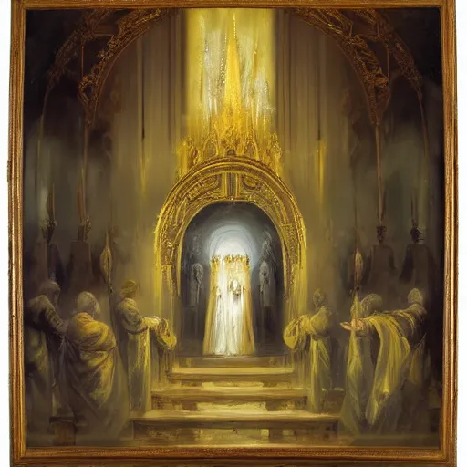 Image similar to ornate painting of a Catholic Priest in flowing golden vestments elevating the host over the alter, a portal to the sky opening behind him as a host of angels descend upon the pews, by Jeremy Mann and Jason Jenicke, detailed, realistic, loose brush strokes, intricate, beautiful, stylized, dramatic, incredible, sense of scale