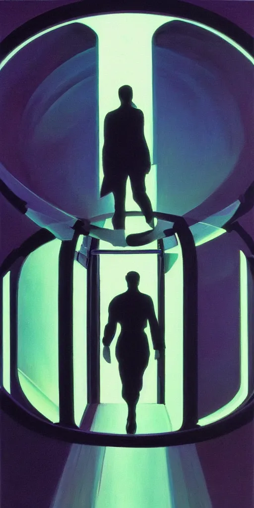 Prompt: a beautiful painting of a person walking out of a stargate by syd mead 8 k particulate neon light film grain