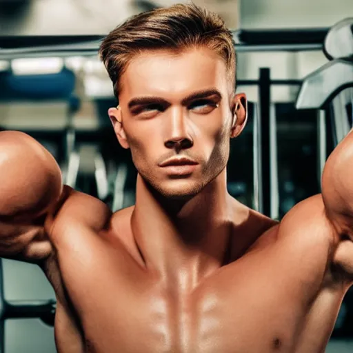 Image similar to a realistic detailed photo of a guy who is an attractive humanoid who is half robot and half humanoid, who is a male android, attractive and handsome jogger, shiny skin, posing like a statue, blank stare, in a gym, on display, showing off his muscles, wearing gym shorts, side view, looking at each other mindlessly