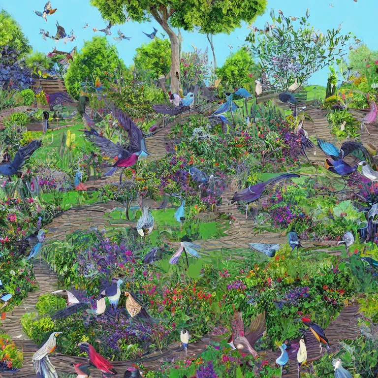 Image similar to babylon gardens, outside view, fantastical, award winning. digital art, flocks of birds, clear day