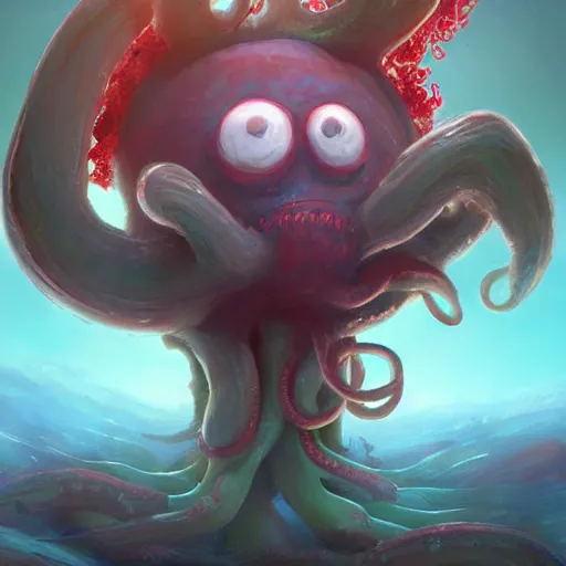 Prompt: a cute beautiful plant type pokemon with beautiful happy smile, red tentacles bursting out of his hair, full body portrait, highly detailed digital art, 3 d perspective, award - winning illustration, aesthetic, smooth, pokemon style, made by greg rutkowski, with an alien landscape in the background