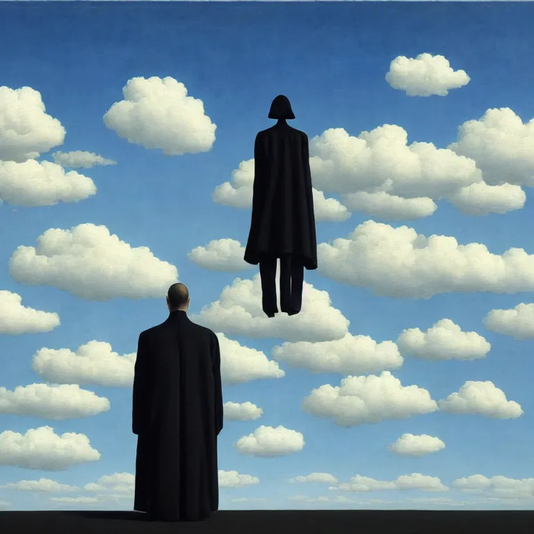 Image similar to portrait of a faceless grim reaper in a suit, clouds in the background, by rene magritte, detailed painting, distance, middle centered, hd, hq, high resolution, high detail, 4 k, 8 k