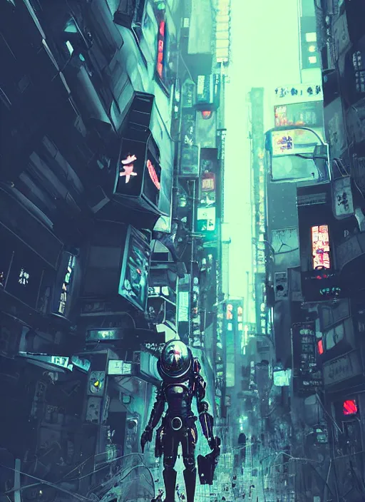 Prompt: sci - fi metal knight walking in shinjuku, by ismail inceoglu