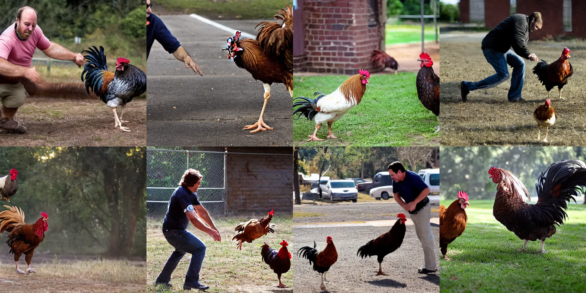 Prompt: Jimmy Zámbó fights against a rooster