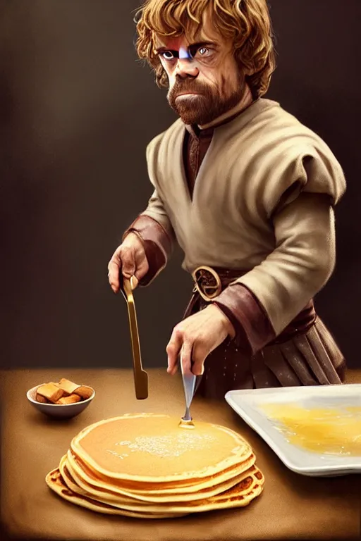 Image similar to tyrion lannister making pancakes animation pixar style, by magali villeneuve, artgerm, jeremy lipkin and michael garmash, rob rey and kentaro miura style, golden ratio, trending on art station