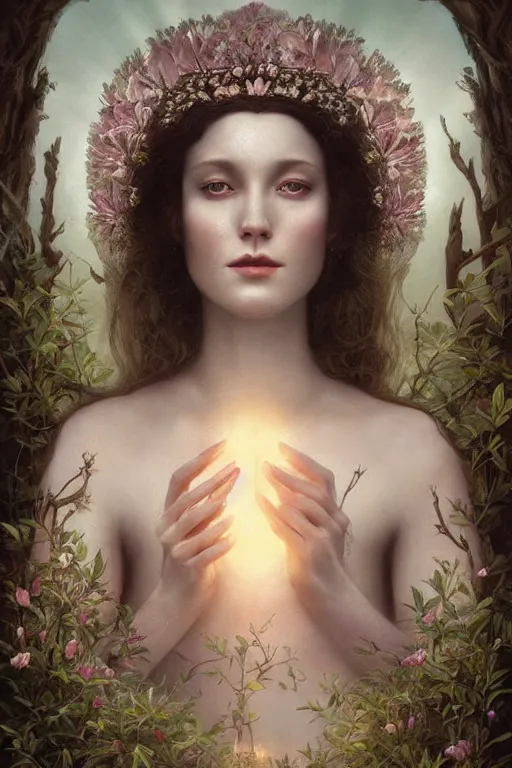 Image similar to a goddess of magnolia a queen of the garden, meditating! with a beautiful symmetrical face!!! cinematic lightning, isolated, studio lighting by tom bagshaw