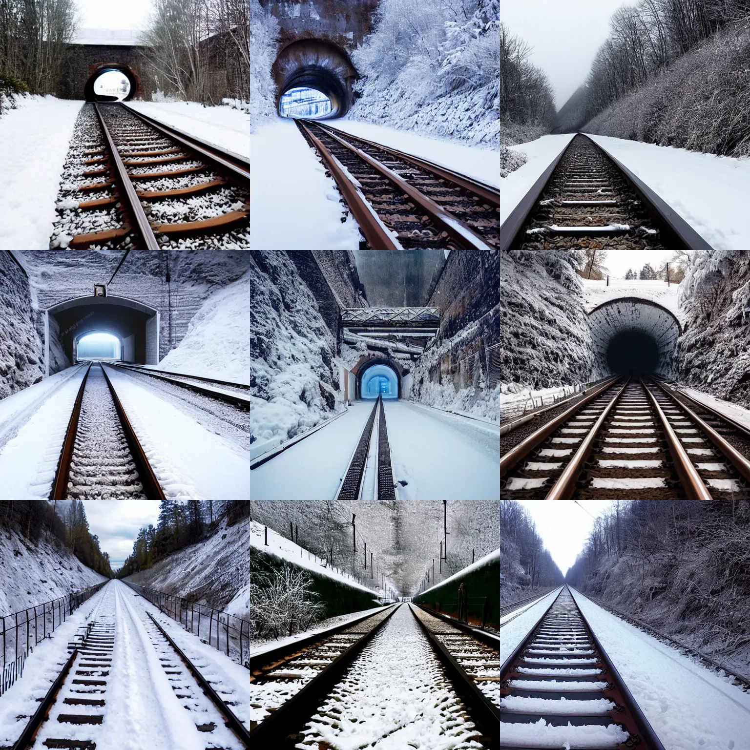 Prompt: railway tracks through a tunnel made from ice and snow