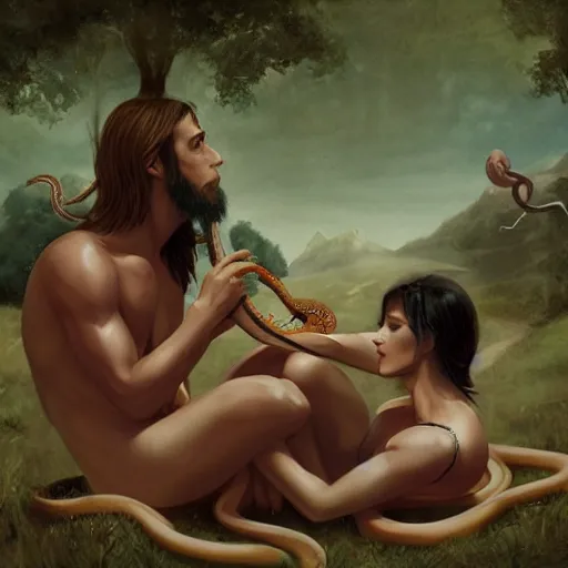 Prompt: adam and eve eating the snake, artstation,