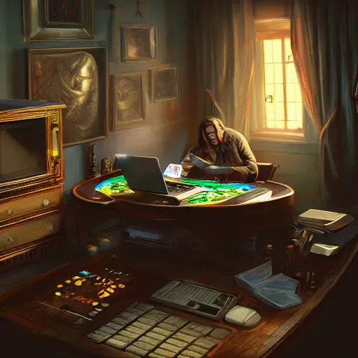 Image similar to realistic rich man using laptop in gaming room, money on floor, artstation trends, sci fi concept art, highly detailed, intricate, sharp focus, digital art, 8 k