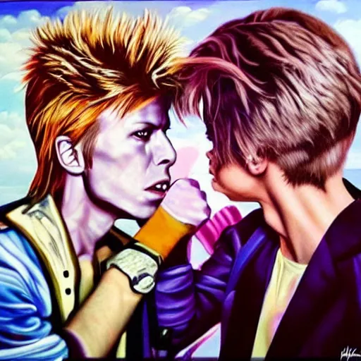 Prompt: a hyperrealistic painting of David Bowie punching Justin Bieber,