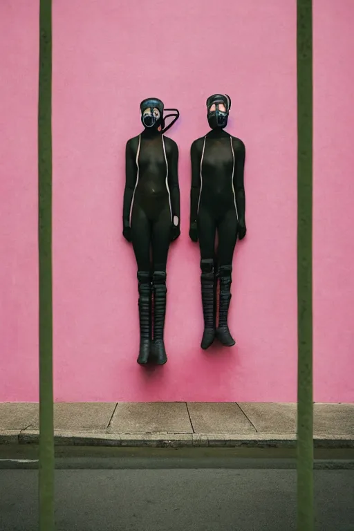 Image similar to a surreal portrait of intertwined and contorted figures wearing gas mask next to a pink wall in the style of brooke didonato, editorial fashion photography from vogue magazine, full shot, nikon d 8 1 0, ƒ / 2. 5, focal length : 8 5. 0 mm, exposure time : 1 / 8 0 0, iso : 2 0 0