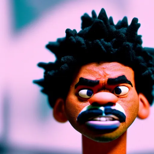 Image similar to a cinematic film still of a claymation stop motion film starring chance the rapper as a college student, shallow depth of field, 8 0 mm, f 1. 8