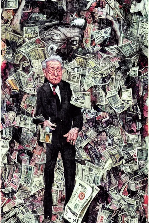 Image similar to George Soros full body shot, dollar bills Body horror, biopunk, by Ralph Steadman, Francis Bacon, Hunter S Thompson