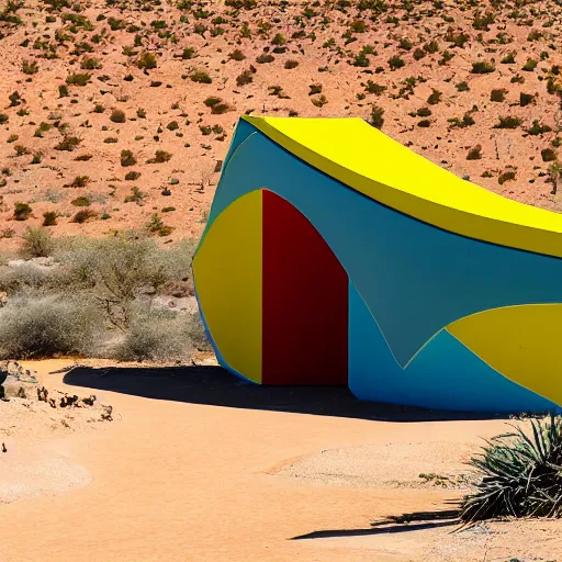 Image similar to architectural photograph by iwan baan of a cheerful recreational building in the shape of a monitor lizard in the middle of the desert, colorful desert architecture designed by future systems