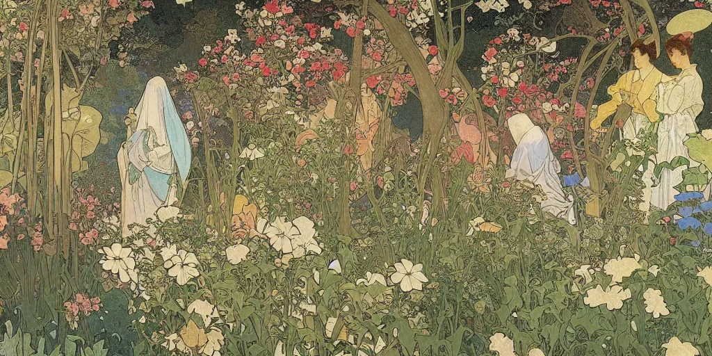 Image similar to an illustration of a beautiful garden, isometric view, painted by alphonse mucha and hieronymus bosch and hasui kawase, dramatic lighting, vivid colours.