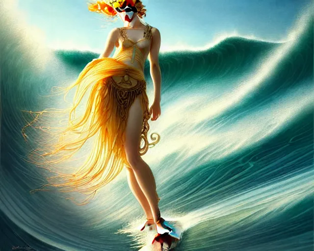 Image similar to beautiful ethereal ginger surfer is surfing a sea of pasta, art nouveau, fantasy, intricate pasta waves, elegant surfboard, highly detailed, sharp focus, action art by artgerm and greg rutkowski and wlop