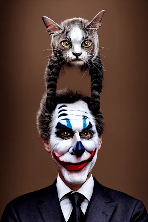 Image similar to Mauricio Macri with an angry cat in his hand in Elaborate Joker Makeup and prosthetics designed by Rick Baker, Hyperreal, Head Shots Photographed in the Style of Annie Leibovitz, Studio Lighting