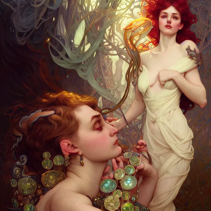 Prompt: Lyra and her dæmon, LSD, diffuse lighting, fantasy, intricate, elegant, highly detailed, lifelike, photorealistic, digital painting, artstation, illustration, concept art, smooth, sharp focus, art by John Collier and Albert Aublet and Krenz Cushart and Artem Demura and Alphonse Mucha