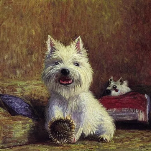 Prompt: a westie dog biting a stuffed hedgehog in a living room by monet