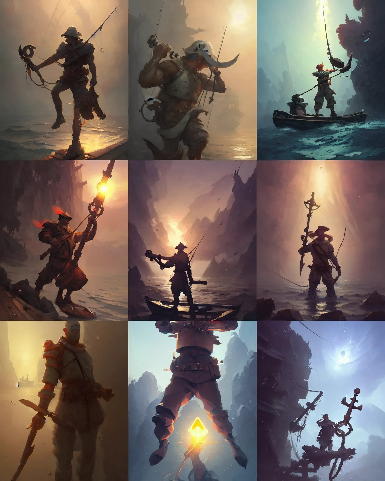 Prompt: fisherman warrior with a polygonal anchor weapon, light dust, magnificent, close up, details, sharp focus, elegant, highly detailed, illustration, by Jordan Grimmer and greg rutkowski and PiNe(パイネ) and 薯子Imoko and 香川悠作 and wlop and maya takamura, intricate, beautiful, Trending artstation, pixiv, digital Art