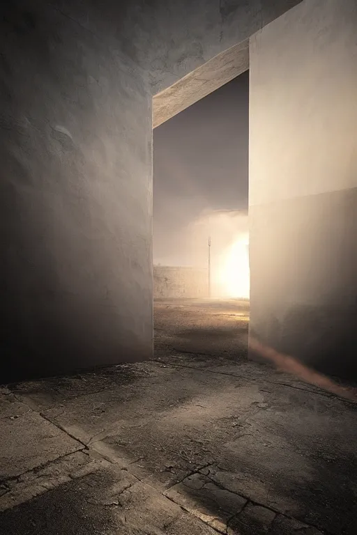 Image similar to a portal to another dimension made of white smoke in the middle of a design lounge crossed by the rays of the setting sun, michal karcz