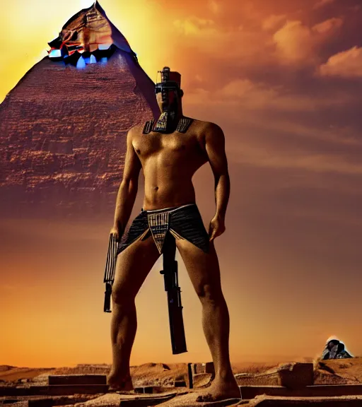 Image similar to a beefy man with a machine gun, egyptian pyramid in the background, 4 k, sharp focus, real life photo, highly detailed, cinematic, photorealistic, cyberpunk, book cover