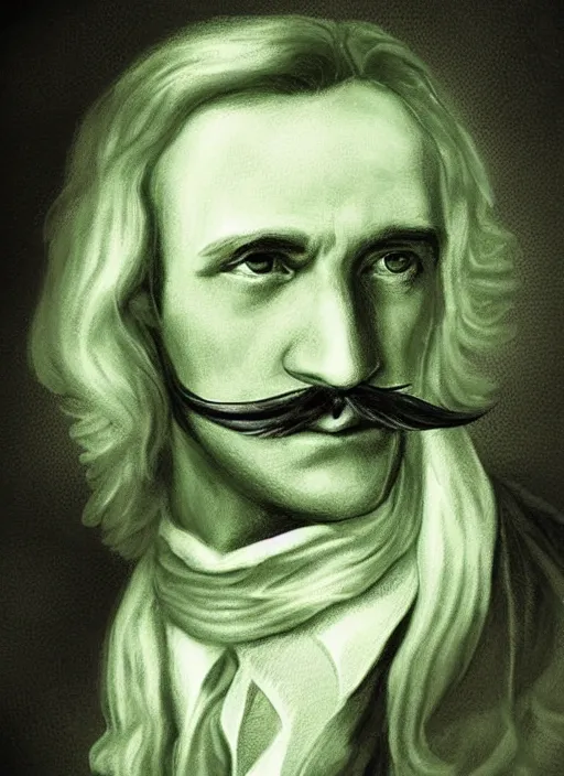 Image similar to an old baron d'arignac, long hair, wear an elegant mustach, white scarf, green shirt, by artgem, digital art, highly detailled