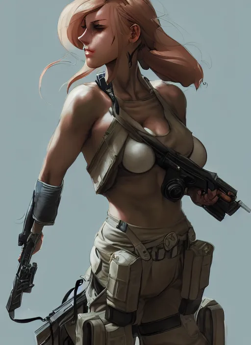 Prompt: female sexy soldier, wide angle view, highly detailed, artgerm, cushart krenz, metal gear solid style, trending on artstation, soft light, sharp focus, illustration, character design, concept art