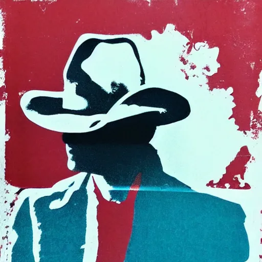 Image similar to transparent siluette of a cowboy outlaw sitting on a horse. serigraph. screen - printed on top of a photograph. sun - bleached highlights. sanded surface in soft colors
