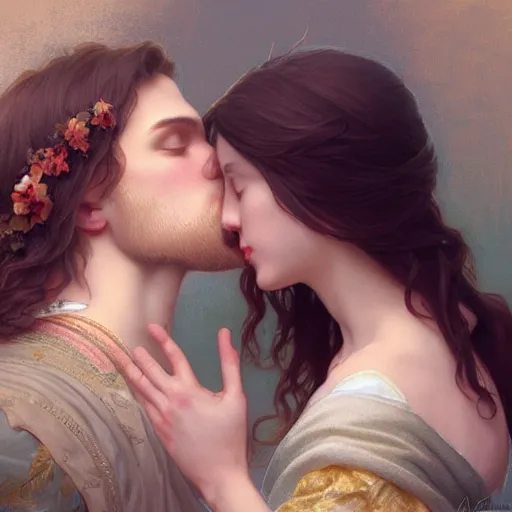 Prompt: jesus kissing a maria maddalena, intricate, elegant, highly detailed, digital painting, artstation, concept art, matte, sharp focus, illustration, art by artgerm and greg rutkowski and alphonse mucha