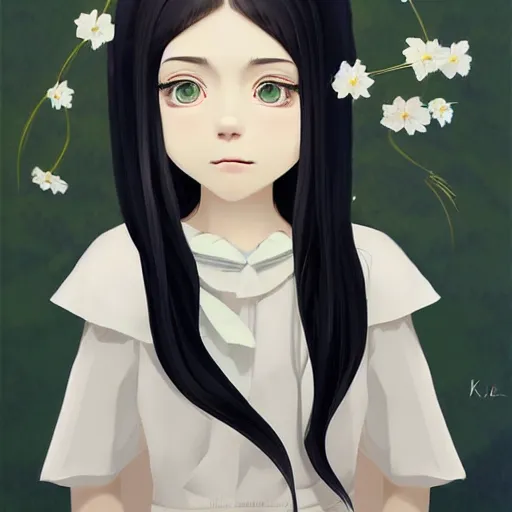 Image similar to little girl with her long black hair dressed in a simple white dress putting flowers on hair, anime art style, digital artwork made by ilya kuvshinov, inspired in balthus