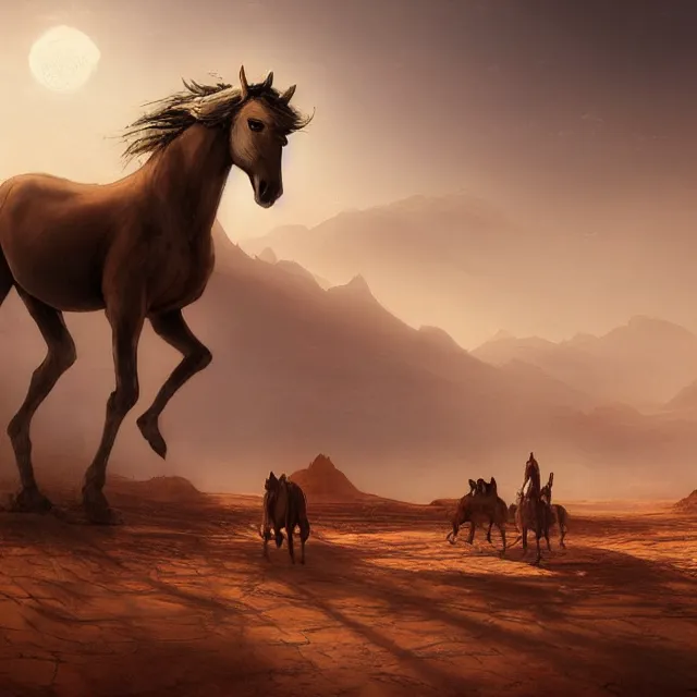 Image similar to arabian horse in the desert, environment, illustration, symmetrical, smoky, unreal engine, colors, epic scene, fantasy art by greg rutkowski,, golden raito, high quality, intricate details, details, intricate, atmosphere, highly detailed, matte painting, cinematic, deviantart, realistic, concept art, 4 k