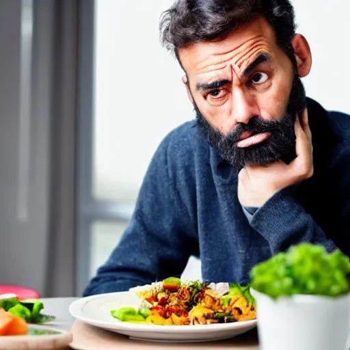 Image similar to A man looking in disgust at his lunch