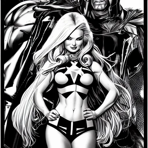 Prompt: portrait of kim petras, big blonde hair, marvel comics, hero, pilot, highly detailed, smooth, black and white, comic inks, cross hatching, by frank frazetta and nick bradshaw, and arthur adams