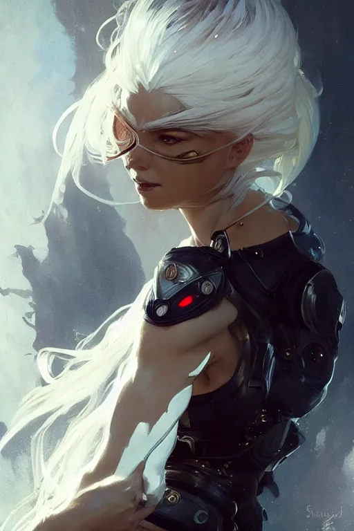 Image similar to beautiful woman with white hair and brown skin as aeon flux profile picture by Greg Rutkowski, dynamic pose, intricate, futuristic, fantasy, elegant, by Stanley Artgerm Lau, greg rutkowski, thomas kindkade, alphonse mucha, loish, norman Rockwell,