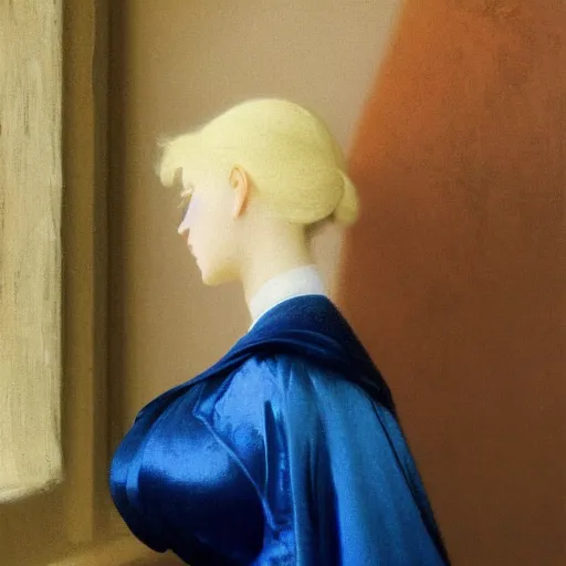Image similar to a young woman's face, her hair is white and she wears a cobalt blue satin cloak, by ivan aivazovsky and syd mead and moebius and gaston bussiere and roger dean and pieter claesz and paul delaroche and alma tadema and willem claesz and gerard ter borch, hyperrealistic, volumetric light, octane render