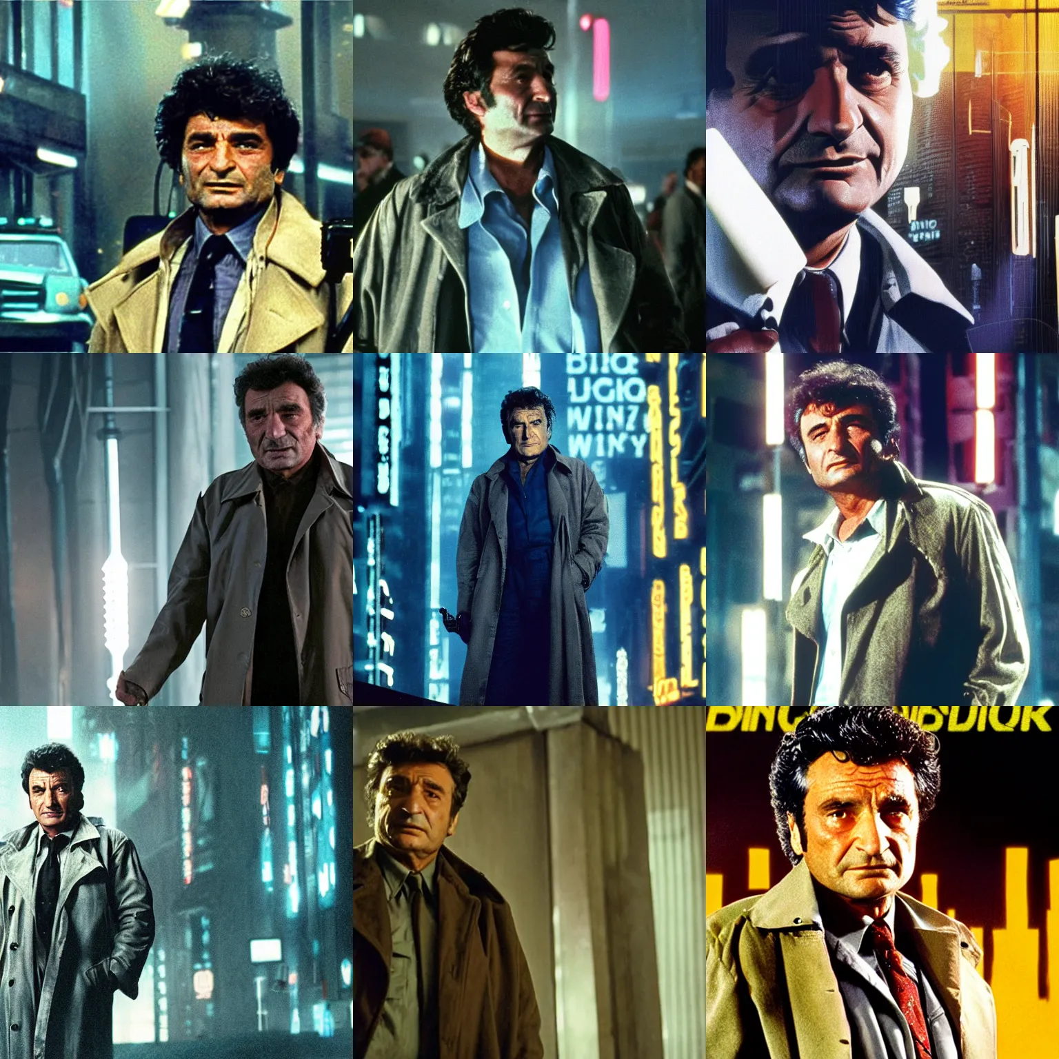 Prompt: police detective columbo ( played by young peter falk ) in his messy trenchcoat, smirking, in the movie bladerunner, led lights, cyberpunk 2 0 4 9, cyberpunk 2 0 7 7, city