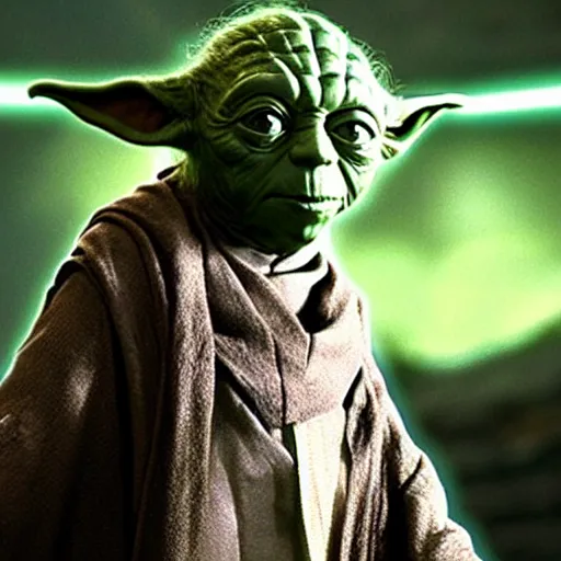 Prompt: A film still of Yoda as a sith lord realistic,detailed