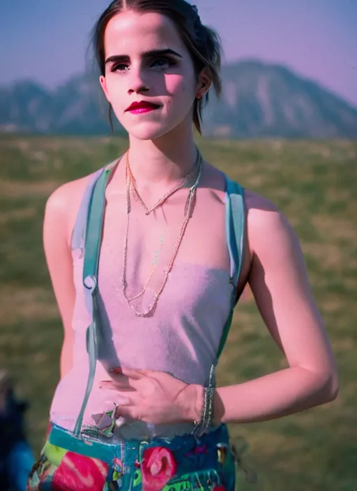 Prompt: Retro color photography portrait of Emma Watson at Cochella 2019 Cinestill 800T, 1/2 pro mist filter, and 65mm 1.5x anamorphic lens