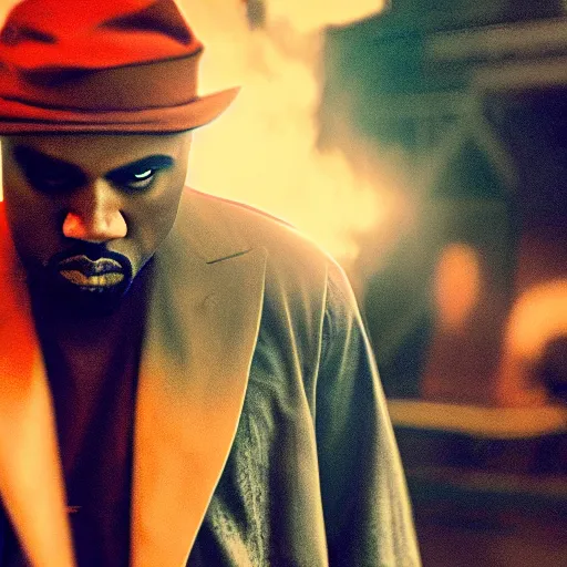 Image similar to Movie still of Kanye west in the Joker, splash art, movie still, cinematic lighting, dramatic, octane render, long lens, shallow depth of field, bokeh, anamorphic lens flare, 8k, hyper detailed, 35mm film grain